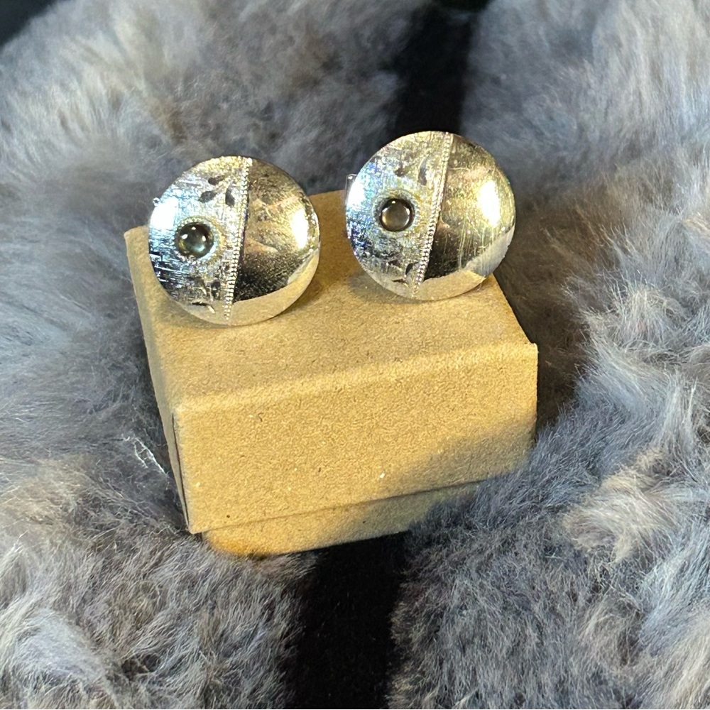 Gentleman’s Vintage JML Sterling art deco etched cat eye glass cuff links